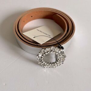 NORDSTROM LUNA LEATHER BELT WITH CRYSTAL EMBELLISHED BUCKLE SILVER LARGE NEW